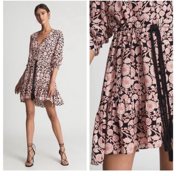 Reiss Pink and Black Floral Mini Dress - Picture 1 of 10